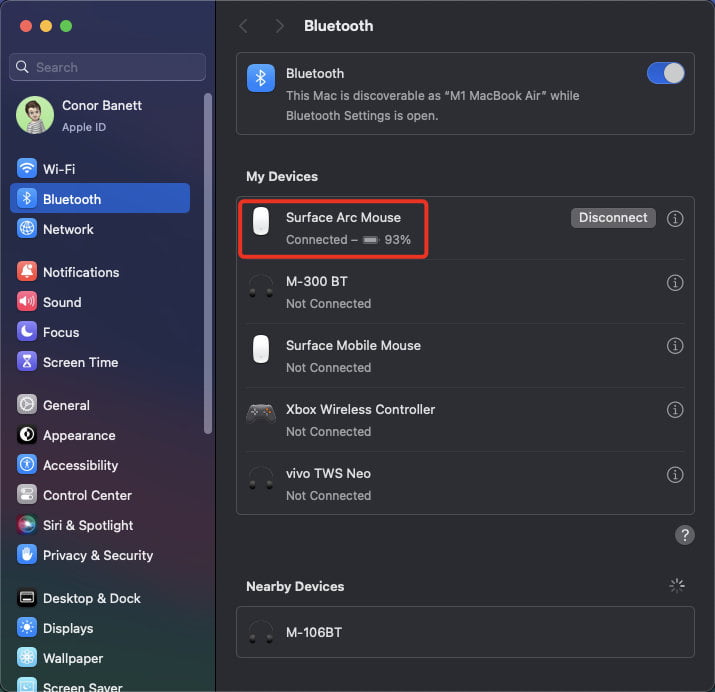 Bluetooth mouse connection status and battery life