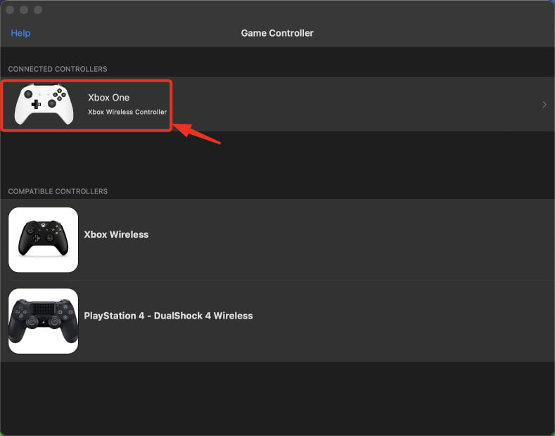 Select Xbox One from the Connected Controllers