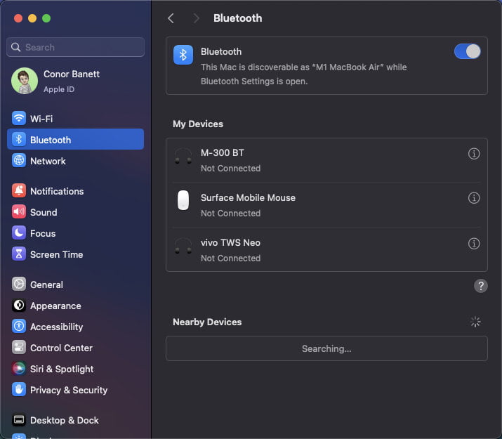 Bluetooth page on System Settings